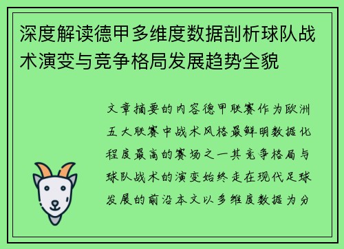 深度解读德甲多维度数据剖析球队战术演变与竞争格局发展趋势全貌
